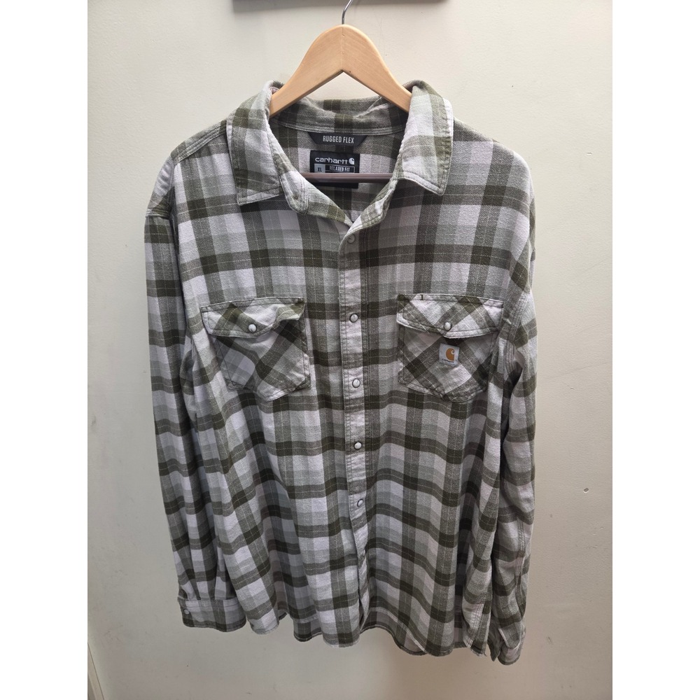 Carhartt Rugged Flex Relaxed Fit Plaid Flannel Shirt Mens XL Green‎ 104914 G72